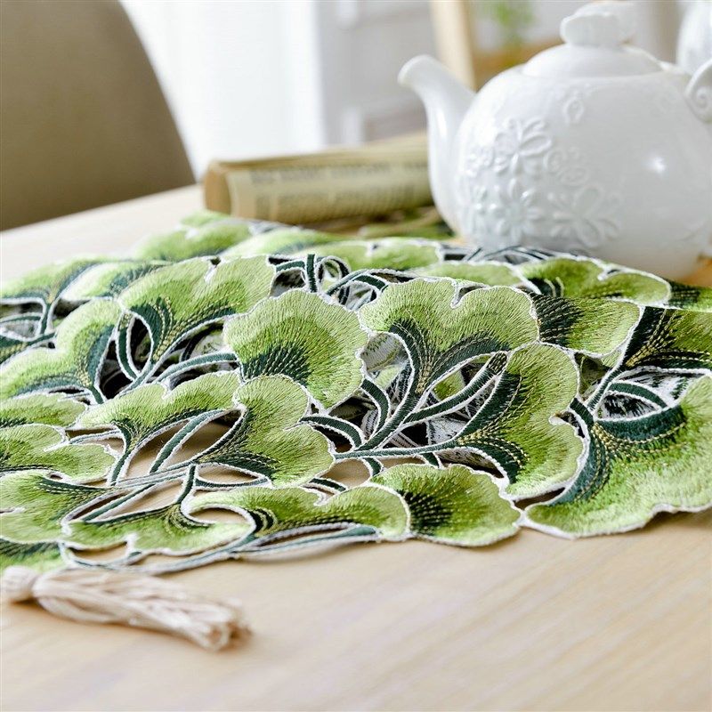 电视柜桌布奢华满工绣茶几布绿色桌旗布刺绣镂空餐桌垫布艺田园
