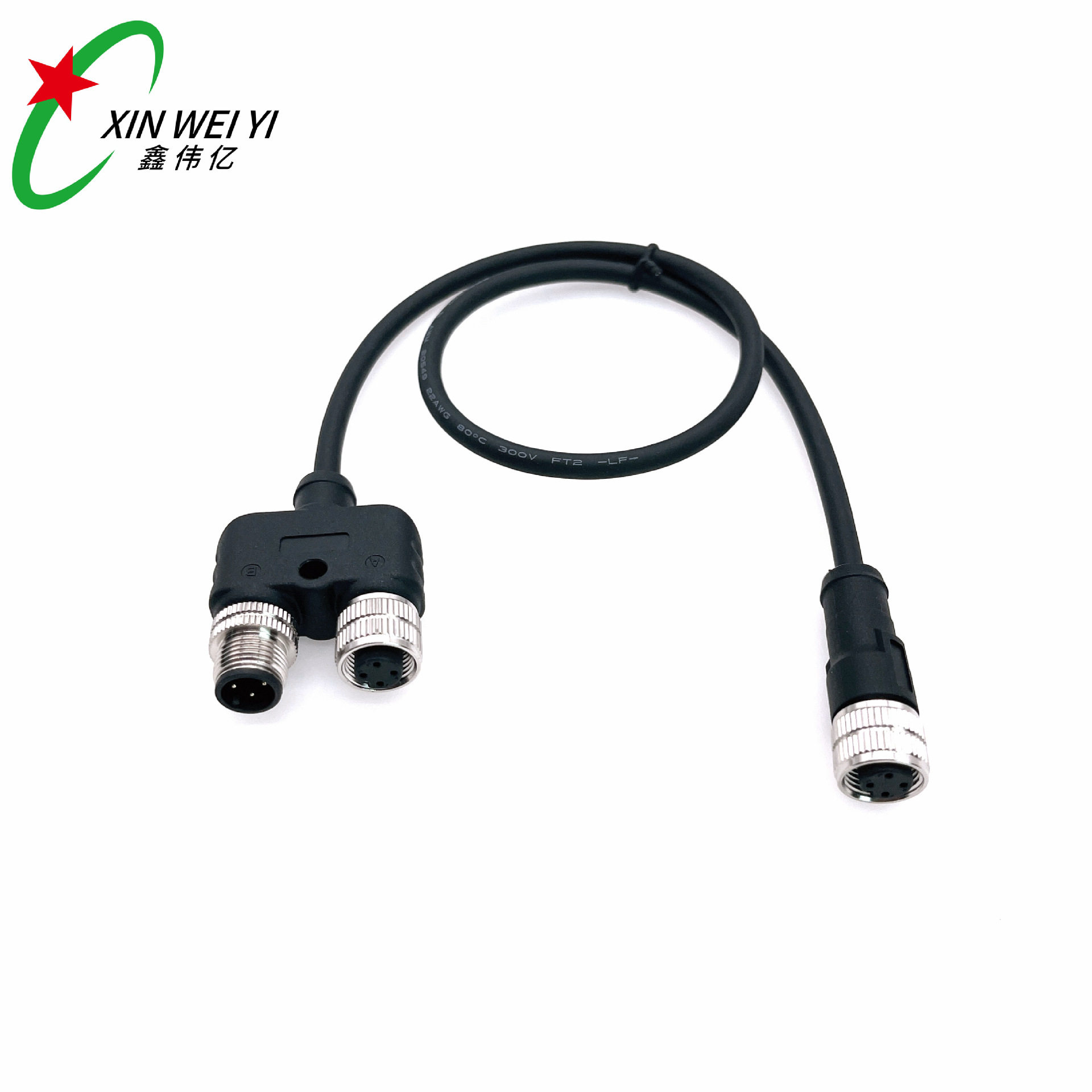 m12连接器 4芯  Y 型插头 一转二 工业设备仪器线束感应传感线