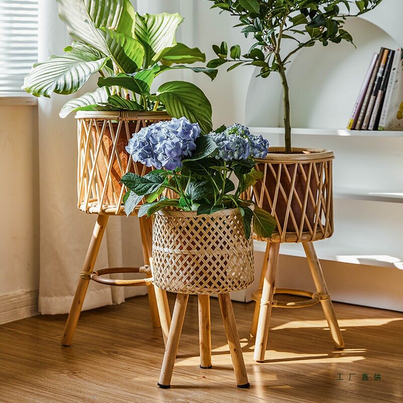 北欧实木藤编竹编落地花架