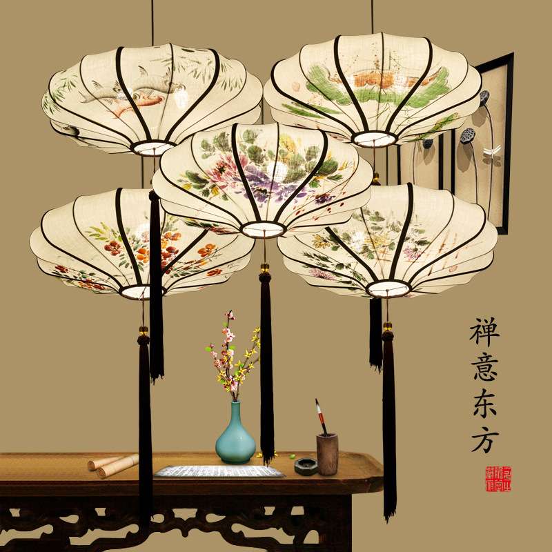 中式吊灯中国风 茶楼餐厅书房创意布艺手绘画仿古茶室新中式灯笼