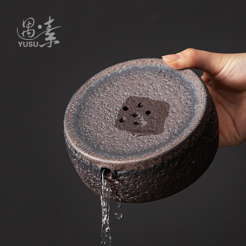 中式复古泡茶台托盘粗陶干泡台茶盘小壶承陶瓷圆形储水式迷你家用