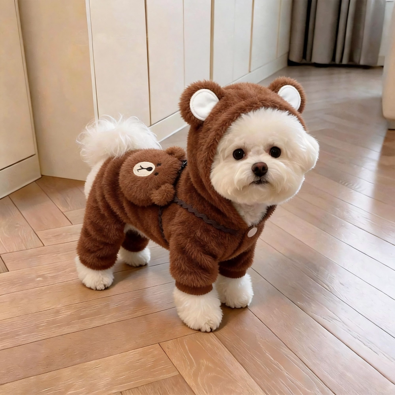 狗狗衣服秋冬小熊背包宠物四脚衣比熊约克夏保暖连帽毛绒狗狗衣服
