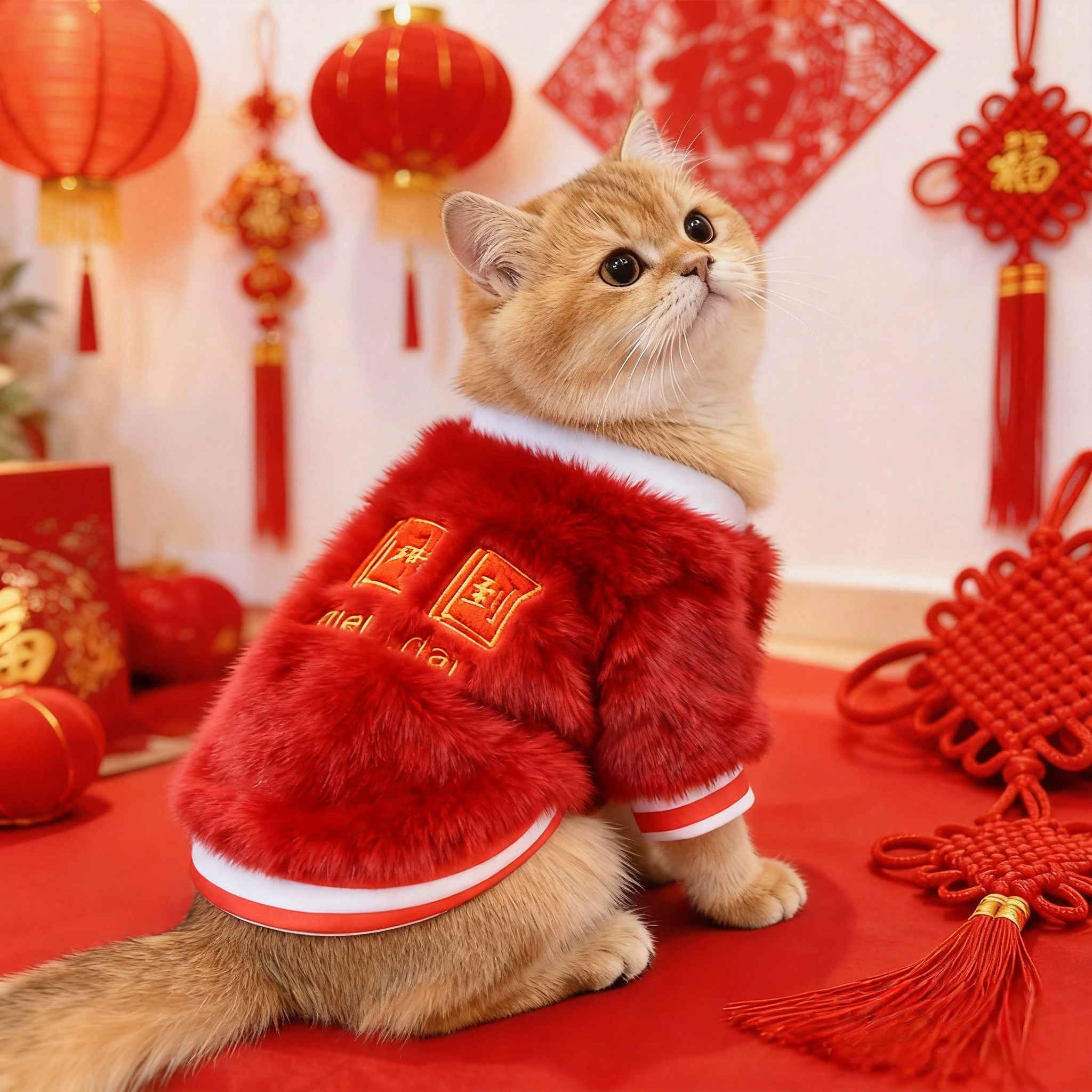 猫咪新年红毛绒加厚保暖过年衣服