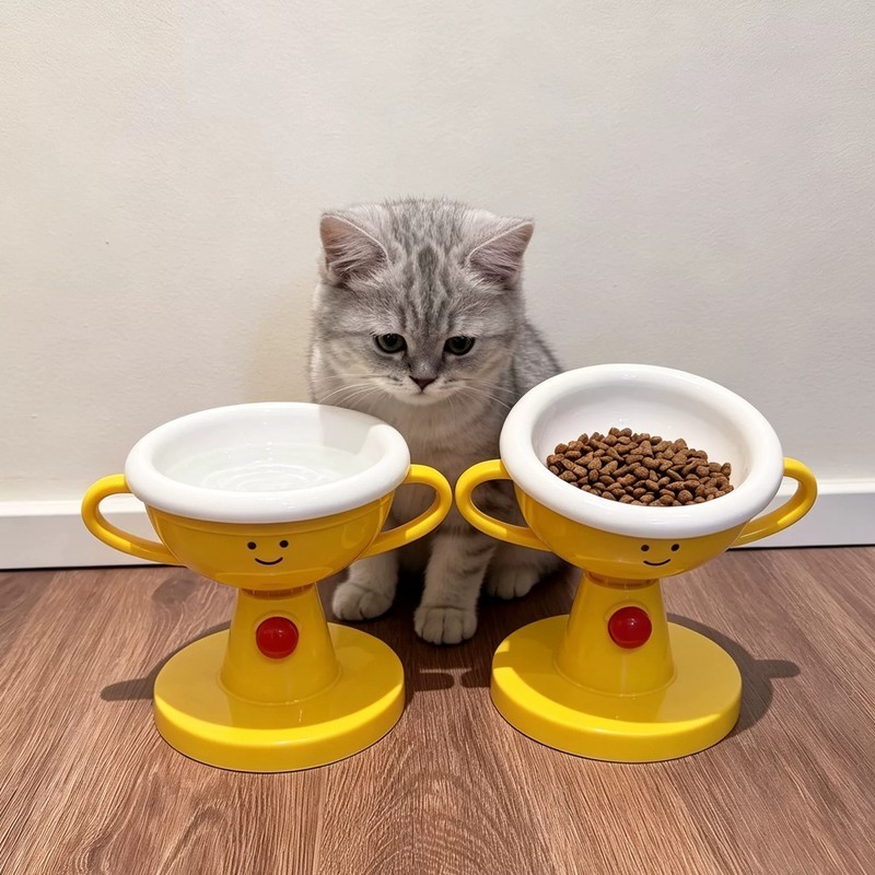 宠物奖杯碗猫碗水碗可升降可调节角度带洗碗布家用陶瓷塑料两用碗