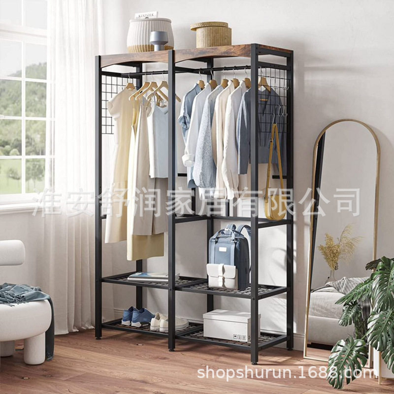 现代复古铁质挂衣架钢木置物架衣柜收纳整理家用入门衣帽架鞋架