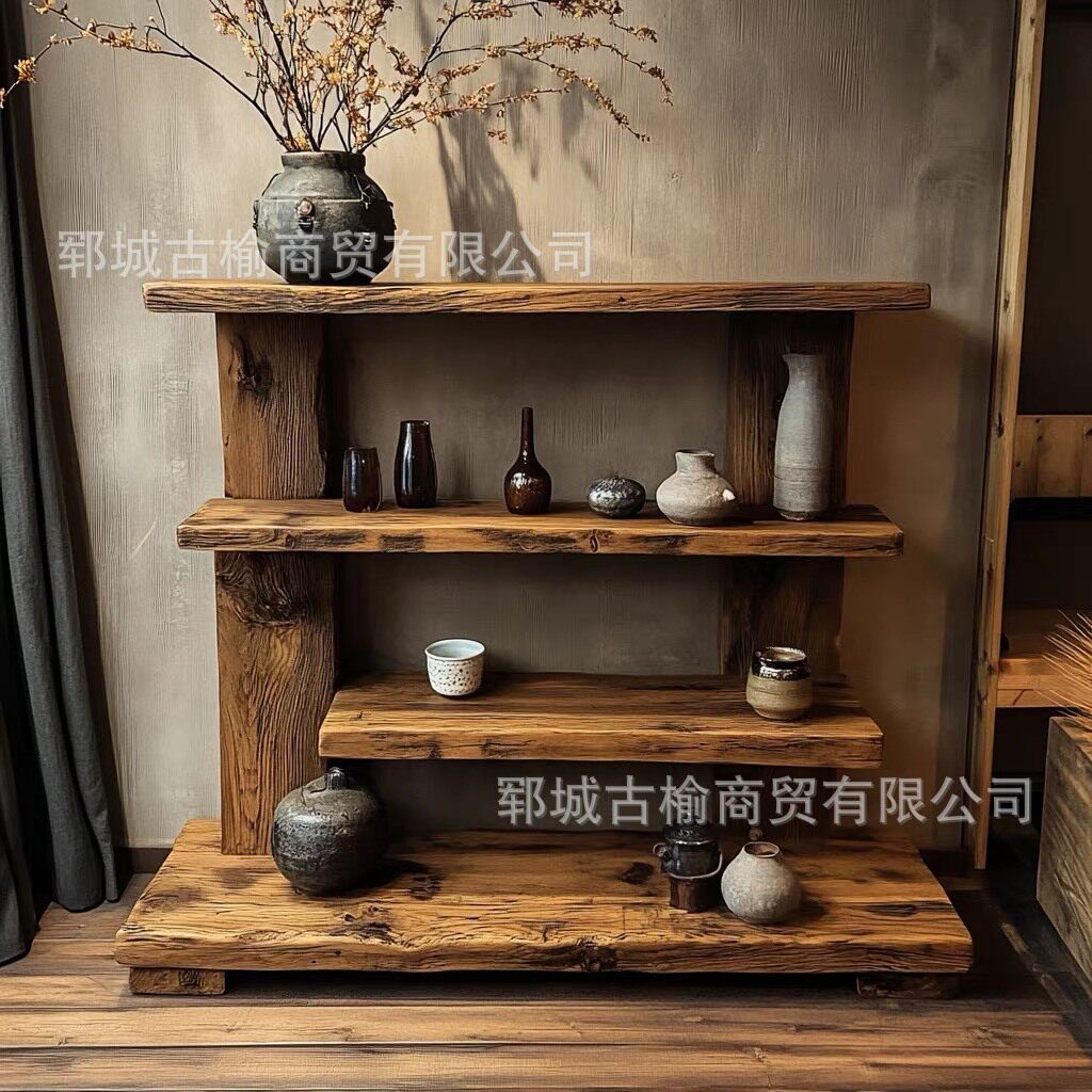 老榆木多层储物架民宿复古置物架建盏茶具柜侘寂风老榆木博古架