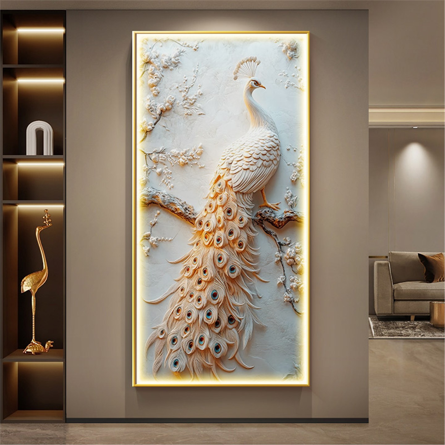 孔雀轻奢玄关装饰画浮雕立体艺术画入户进门挂画走廊过道墙壁灯画图片