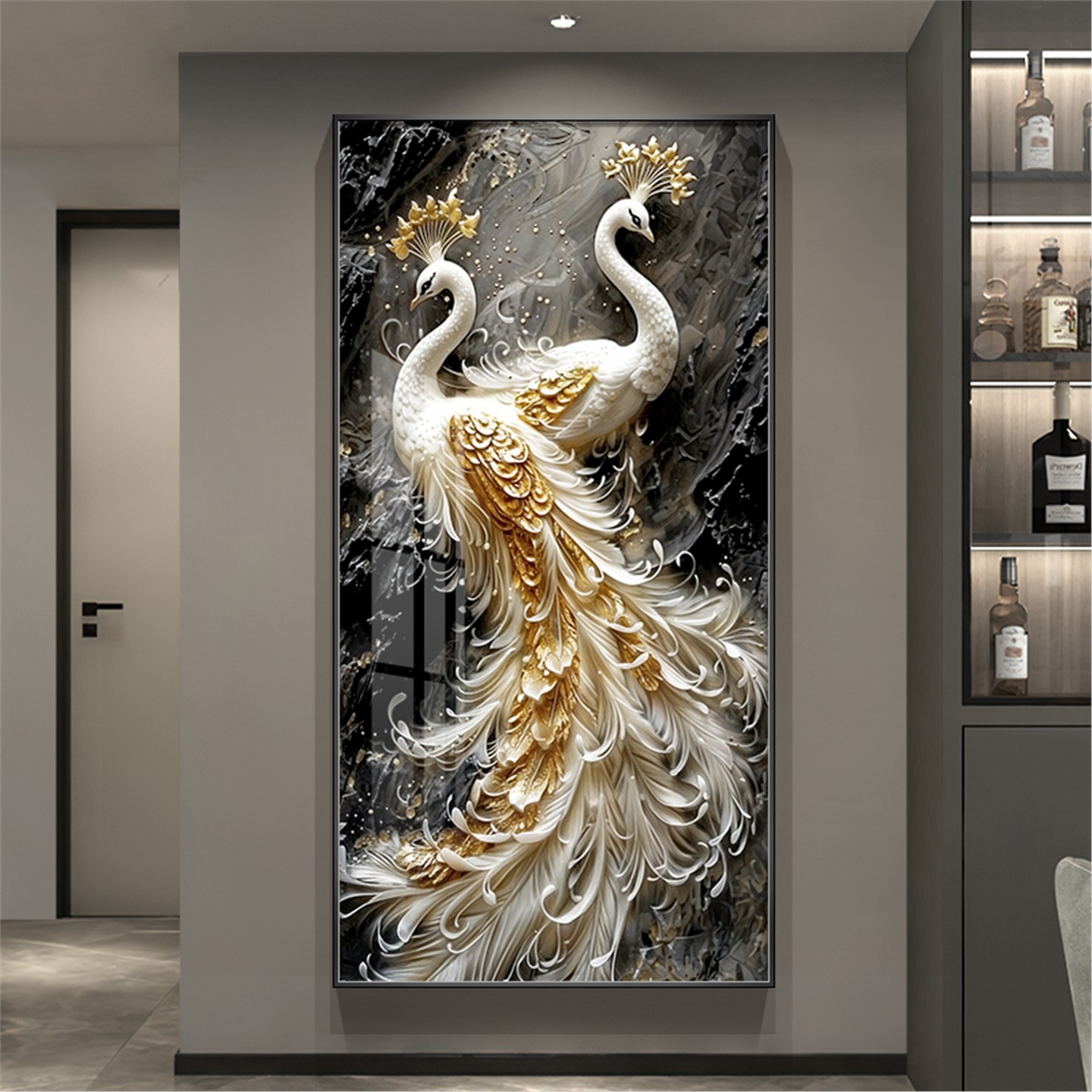 孔雀挂画入户玄关装饰画竖版艺术画浮雕感肌理画过道走廊尽头壁画图片