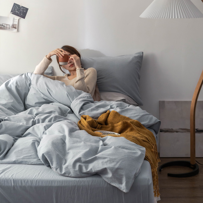 纯棉素色床单被套蓝色灰色四件套床上用品纯色单人三件套1.2m床笠