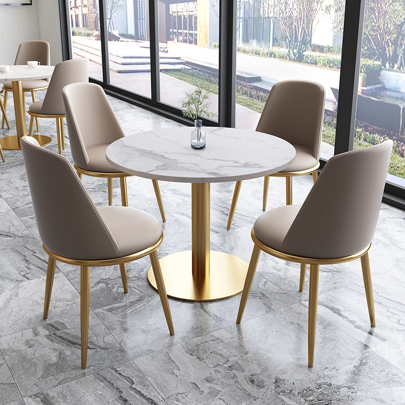 岩板洽谈桌椅组合会客室前台休息区阳台小圆桌子售楼部签单不锈钢