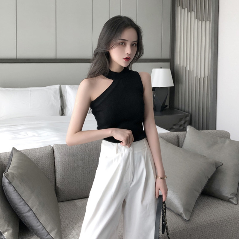 轻奢高货黑色吊带背心女夏外穿百搭打底小众复古无袖针织挂脖露肩