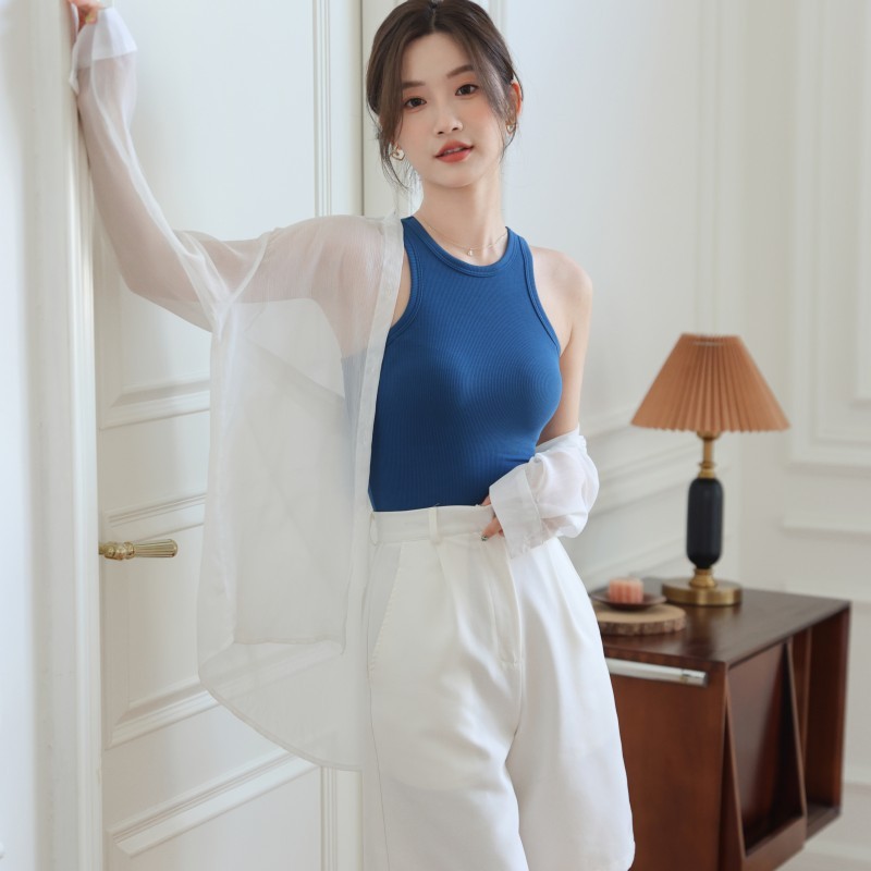 新品遮副乳螺纹运动背心夏修身带胸垫一体齐腰工字吊带女外穿无袖