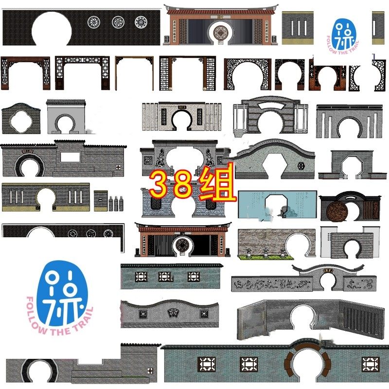 SU模型中式古典园林景观月亮门月洞门圆拱门景墙围墙建筑素材库