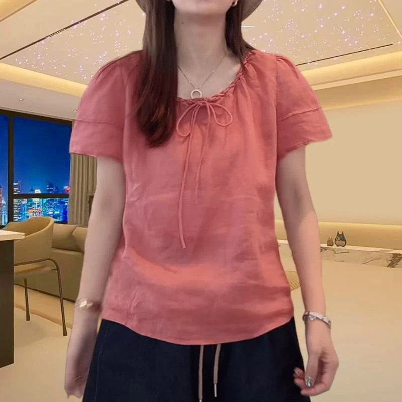 推荐抽绳设计圆领气质衬衫女士2025夏季短袖宽松纯色薄款衬衣大码