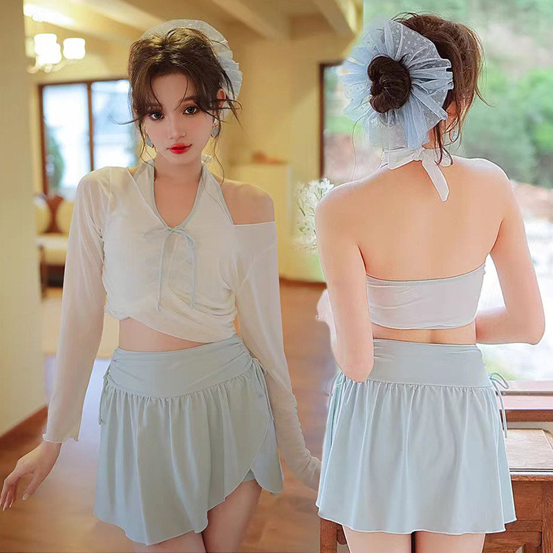 泳衣女款分体三件套长袖甜美少女夏季纯欲风保守防晒遮肚显瘦泳装
