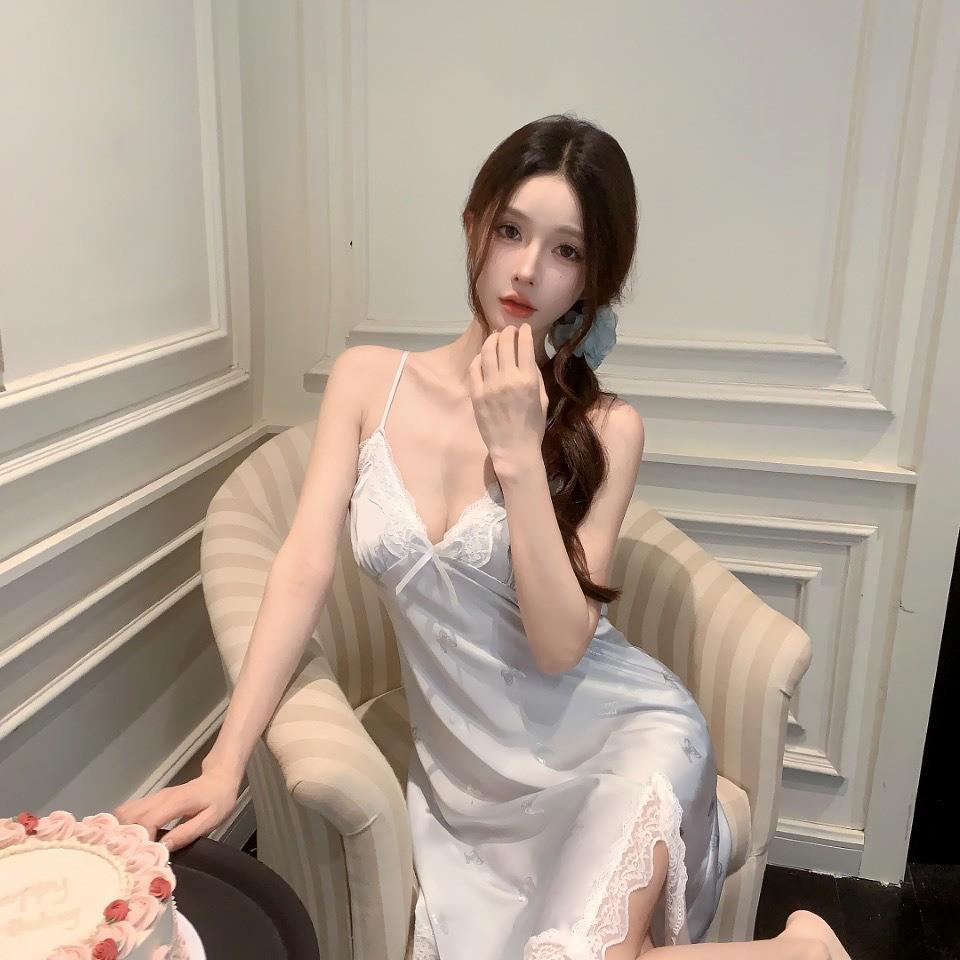 吊带睡裙蝴蝶女款烫印夏季冰丝高级睡衣甜美少女丝绸家居服