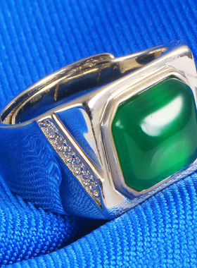 绿玛瑙戒指女925纯银祖母绿玉髓镶嵌指环复古开口宝石戒子送妈妈