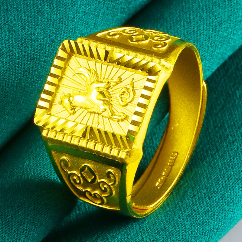 正品黄金戒指9999足金男女纯金方戒马到成功生肖马送老公生日礼物