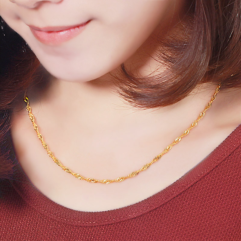 正品黄金项链9999足金女款锁骨链结实水波链百搭真金链子24K纯金