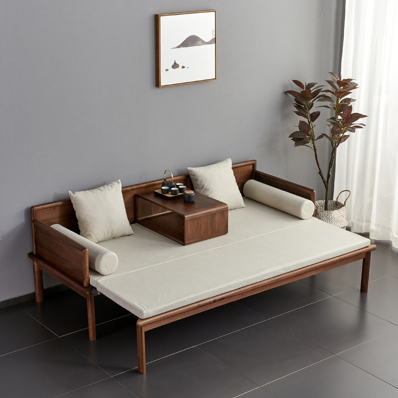 新中式实木推拉罗汉床简约型黑胡桃木极简式客厅大小户型沙发组合