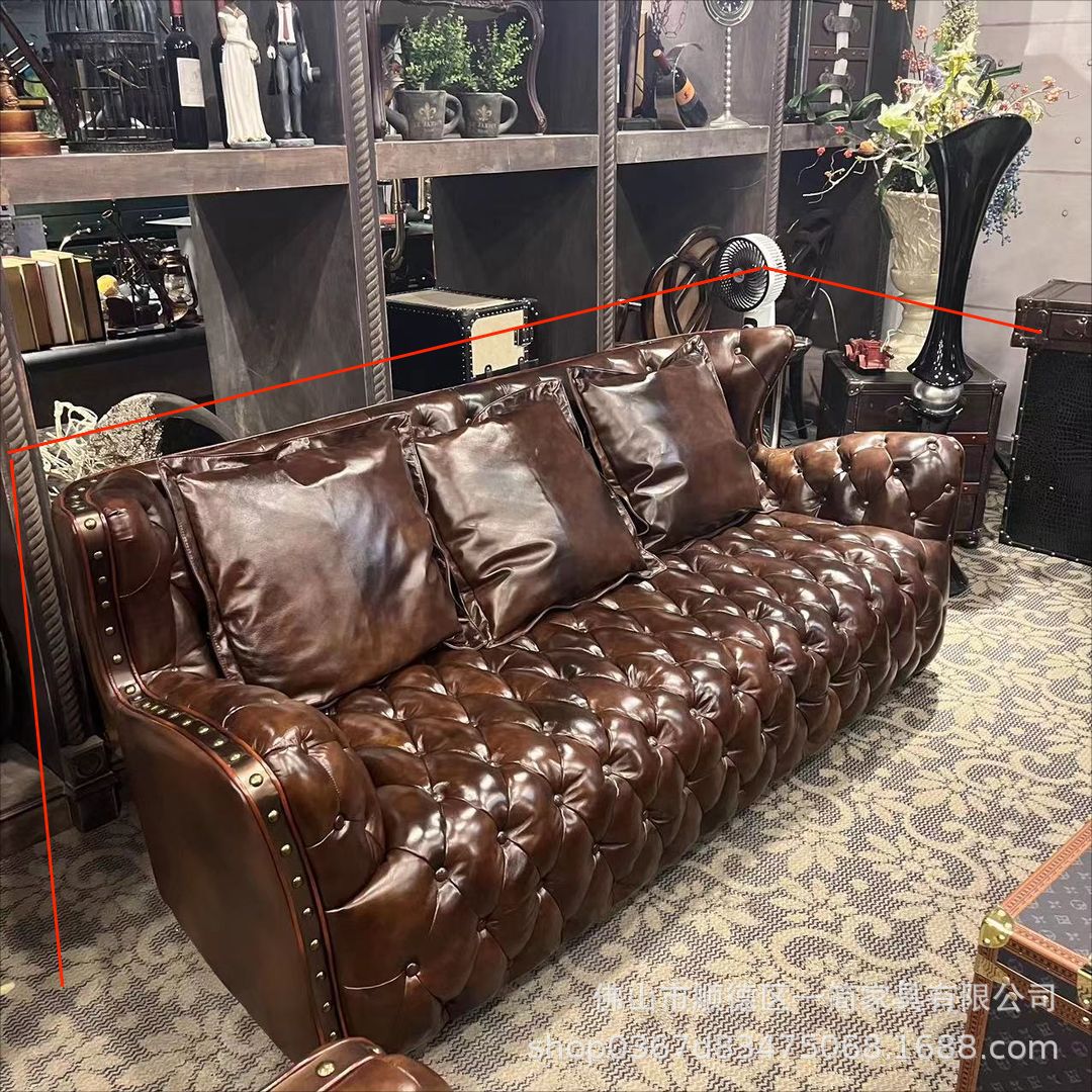美式中古风拉扣油蜡皮艺沙发复古怀旧做旧牛皮单双三人组合沙发