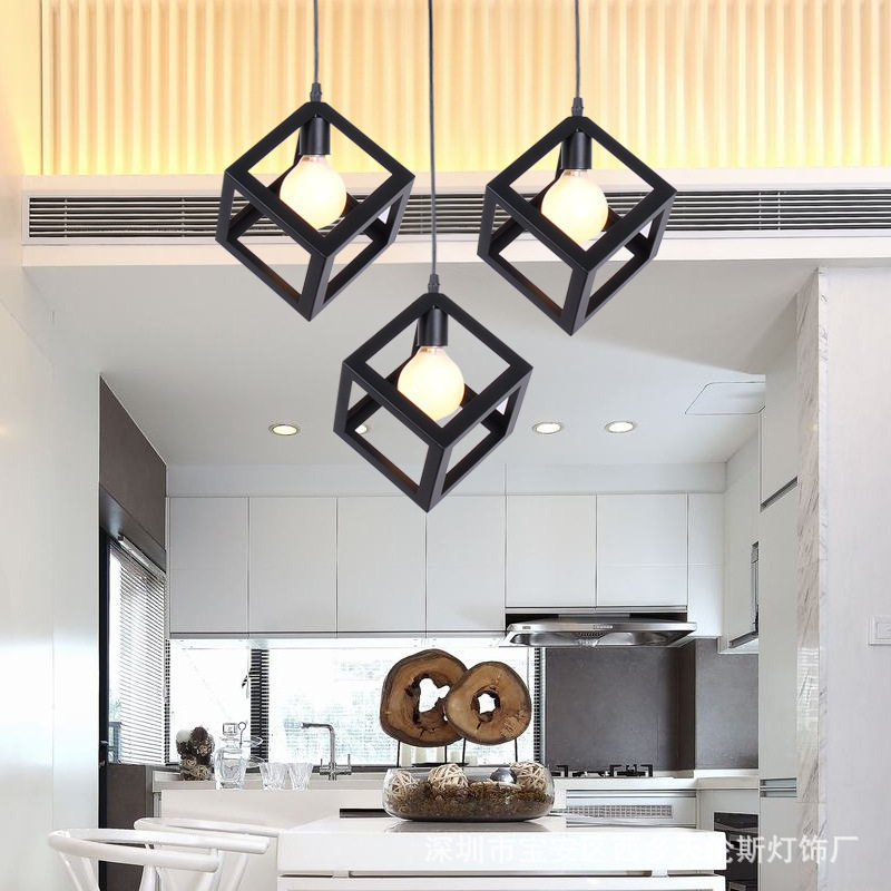 复古美式乡村方形餐吊灯四方创意吧台客厅灯具工业风loft铁艺吊灯