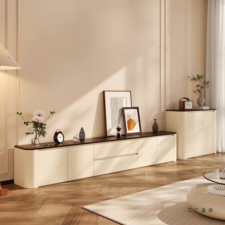 小户型奶油中古风电视柜落地收纳储物柜一体客厅家用边柜组合定