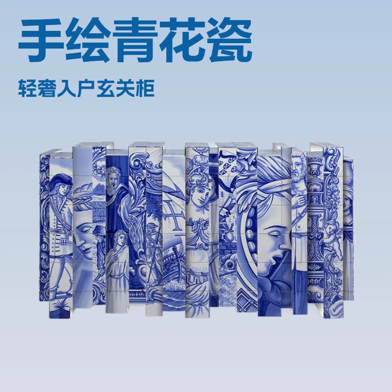 轻奢彩绘实木餐边柜设计师装饰柜别墅客厅入户青花瓷玄关柜储物柜