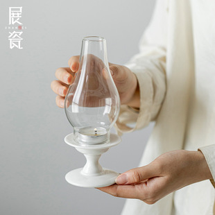 展瓷茶空间陶瓷烛台 手绘蝴蝶梅花玻璃灯罩点蜡烛台子底托文人器