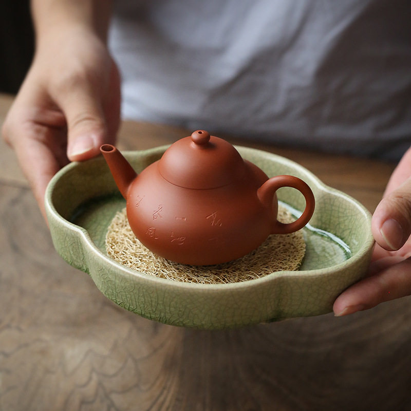 玩物集漳州窑绿釉海棠壶承开片养茶壶托干泡台托盘仿古潮汕工夫茶