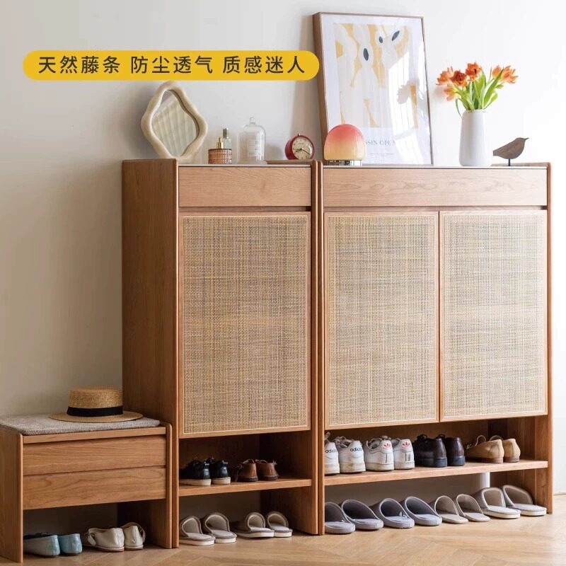 实木藤编大容量玄关鞋柜