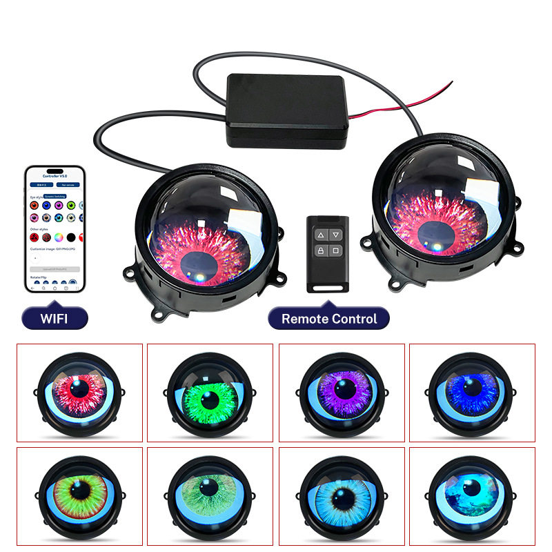 LED动态汽车大灯 恶魔眼眼睛灯一拖二透镜23模式遥控眨眼灯装饰灯