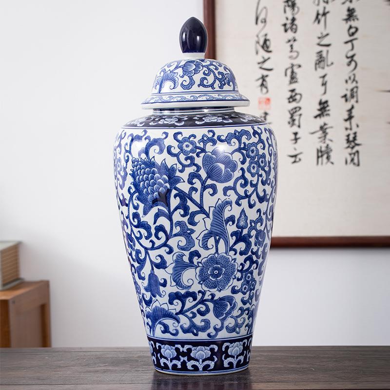 青花瓷缠枝莲落地大将军罐别墅中式陶瓷花瓶摆件大气陶瓷大花瓶