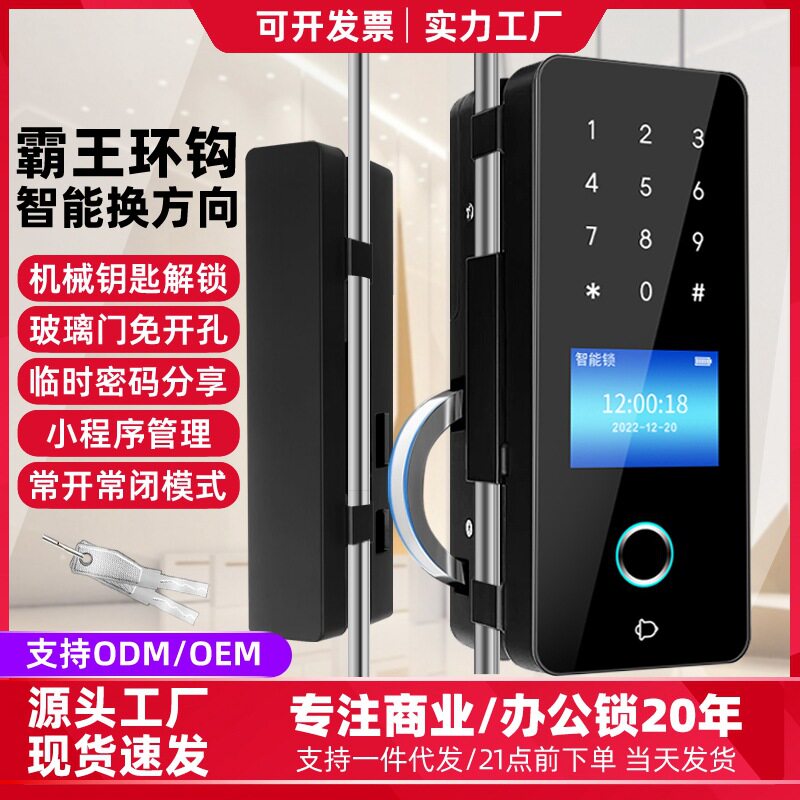 霸王钩玻璃门指纹密码锁免开孔