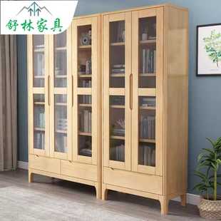 北欧全实木书柜落地书架带玻璃门客厅卧室展示高柜小型两门置物架