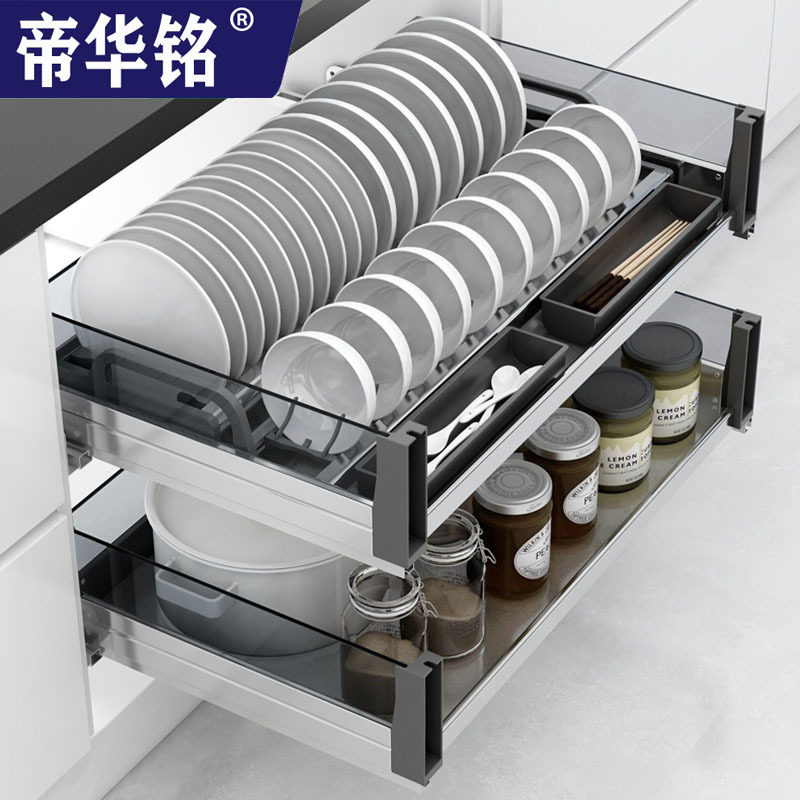 新款玻璃不锈钢拉篮橱柜厨房双层调味料蓝栏抽屉式碗碟盘架阻尼轨