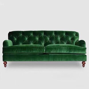 美式轻奢实木客厅布艺沙发墨绿色法式复古单人休闲椅酒店三人位