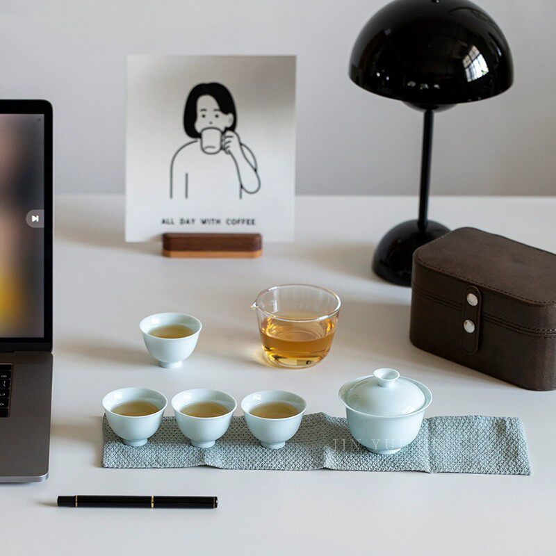 [批发招商]户外便携式旅行茶具1盖碗四杯商务陶瓷快客杯皮套