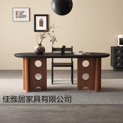 法式中古风实木餐桌组合现代家用设计师款黑色饭桌复古艺术办公桌