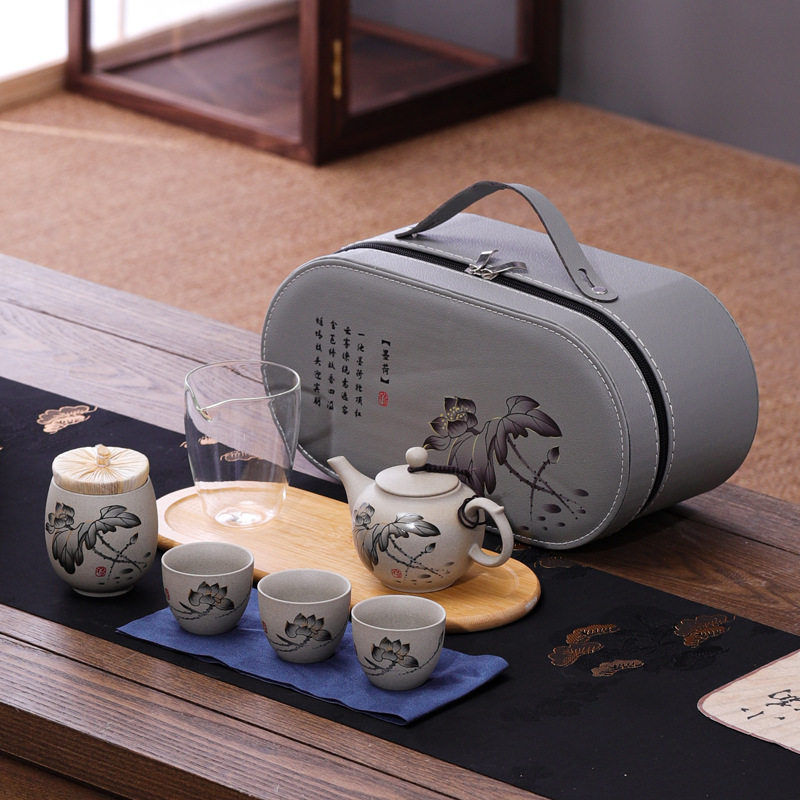 粗陶旅行茶具带茶盘茶巾便捷式旅行茶具快客杯随身户外泡茶壶套装