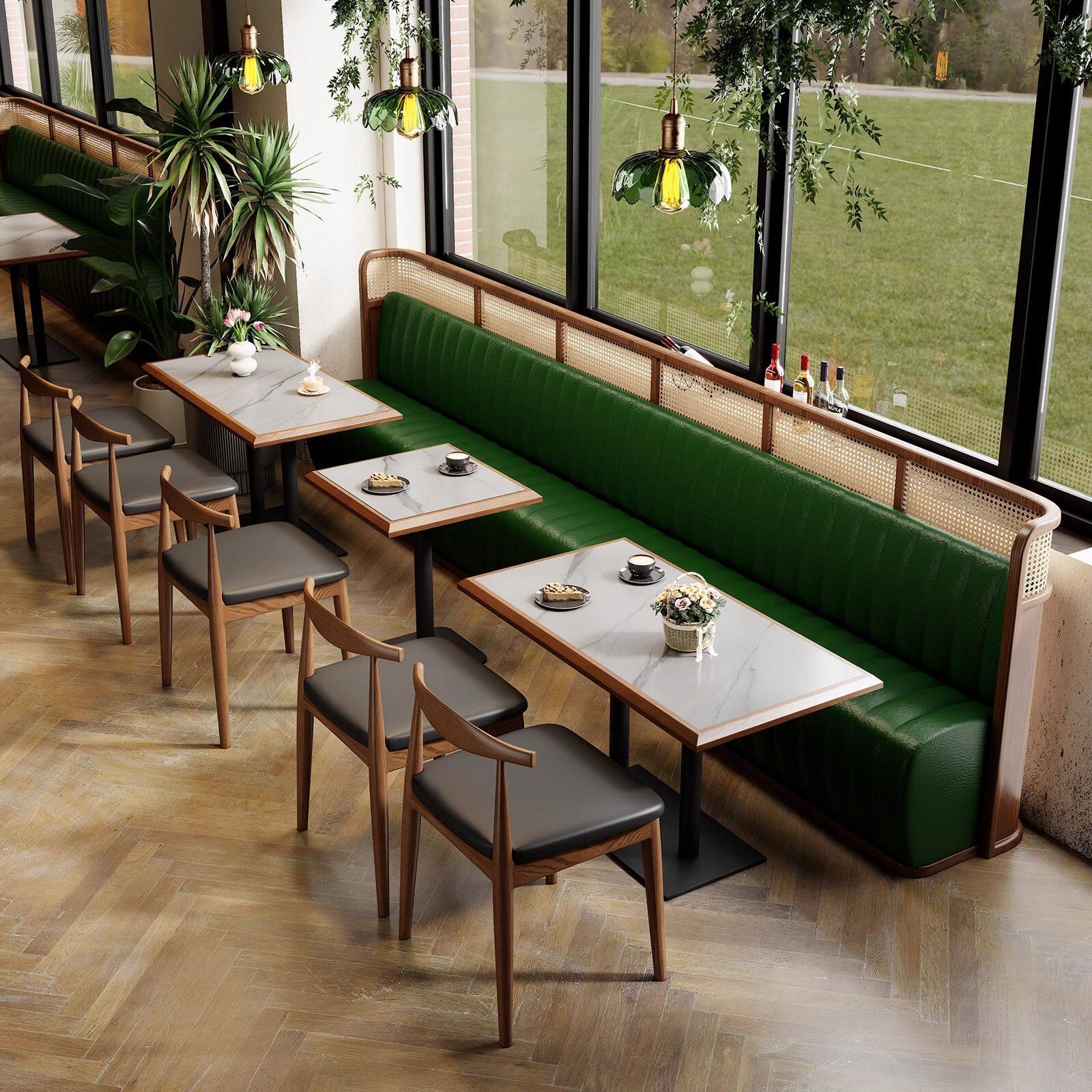 简约风餐厅靠墙实木编藤卡座咖啡厅茶楼商用连锁餐饮店餐桌椅组合
