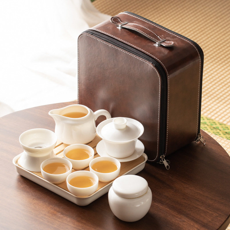 羊脂玉瓷旅行盖碗功夫小茶具套装四杯白瓷三才碗茶海茶杯便携包
