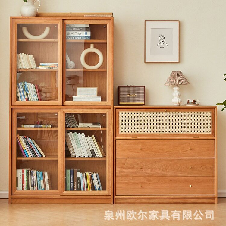 日式实木书柜家用书房自由组合格子柜客厅玻璃门储物柜藤编收纳柜