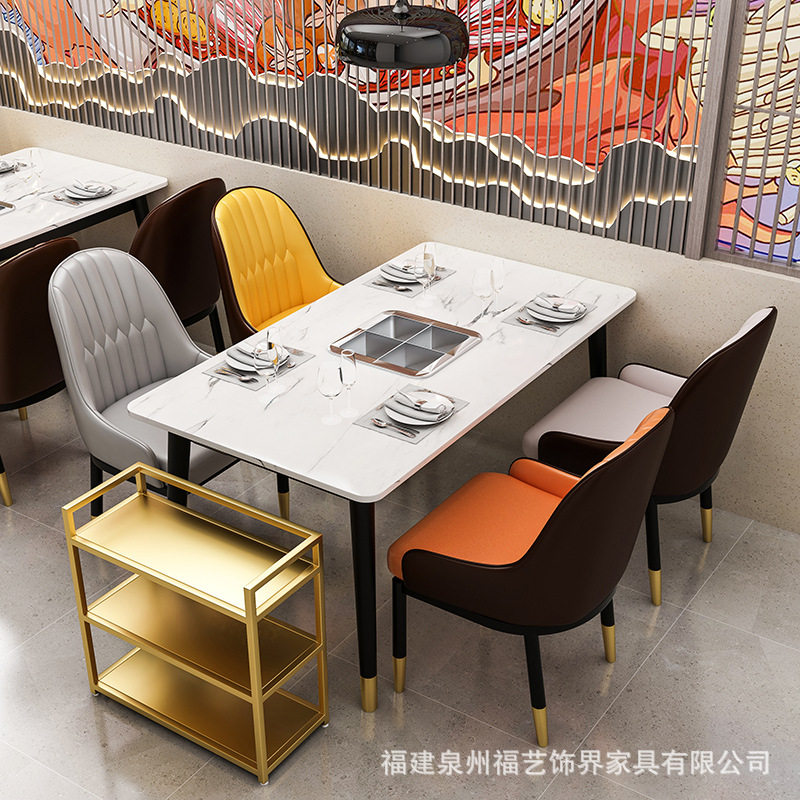 简约大理石火锅桌子加工商用烤肉店餐厅饭店铁艺卡座沙发桌椅组合
