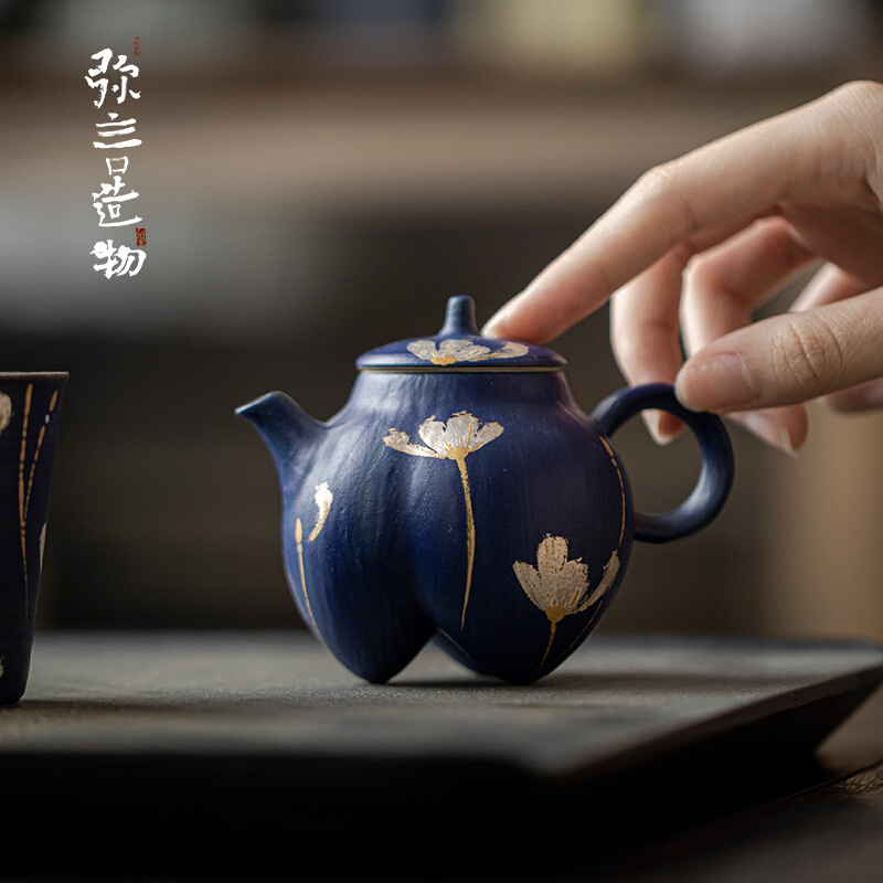 弥言克莱因蓝粉引手工茶壶金银彩手绘泡茶壶带过滤复古轻奢风家用