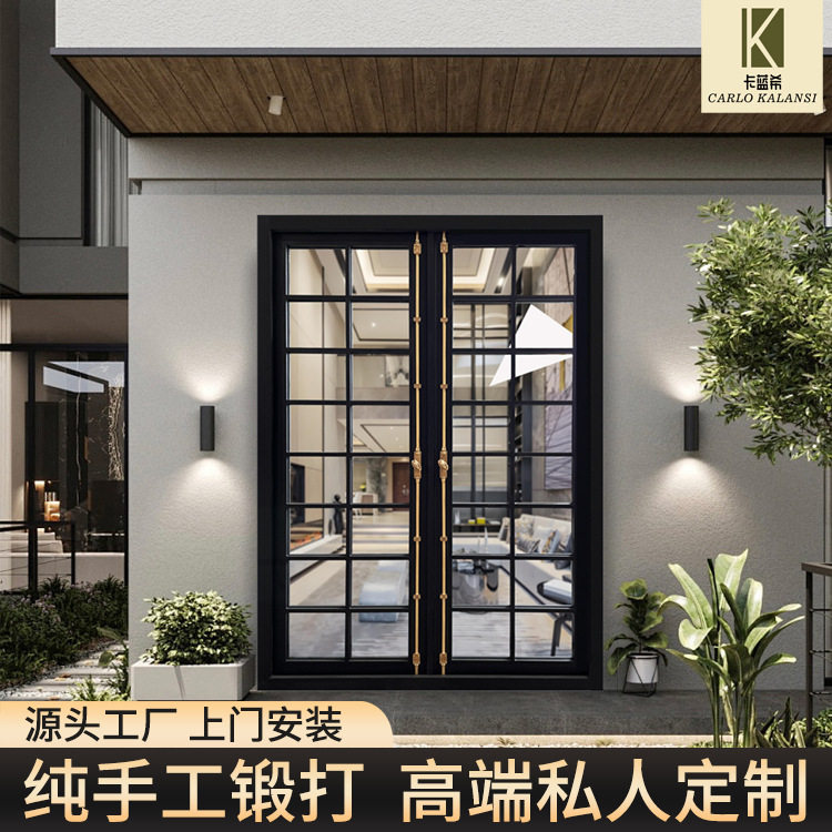 铁艺门 纯手工锻打推拉门 别墅玻璃门源头工厂跨境定制
