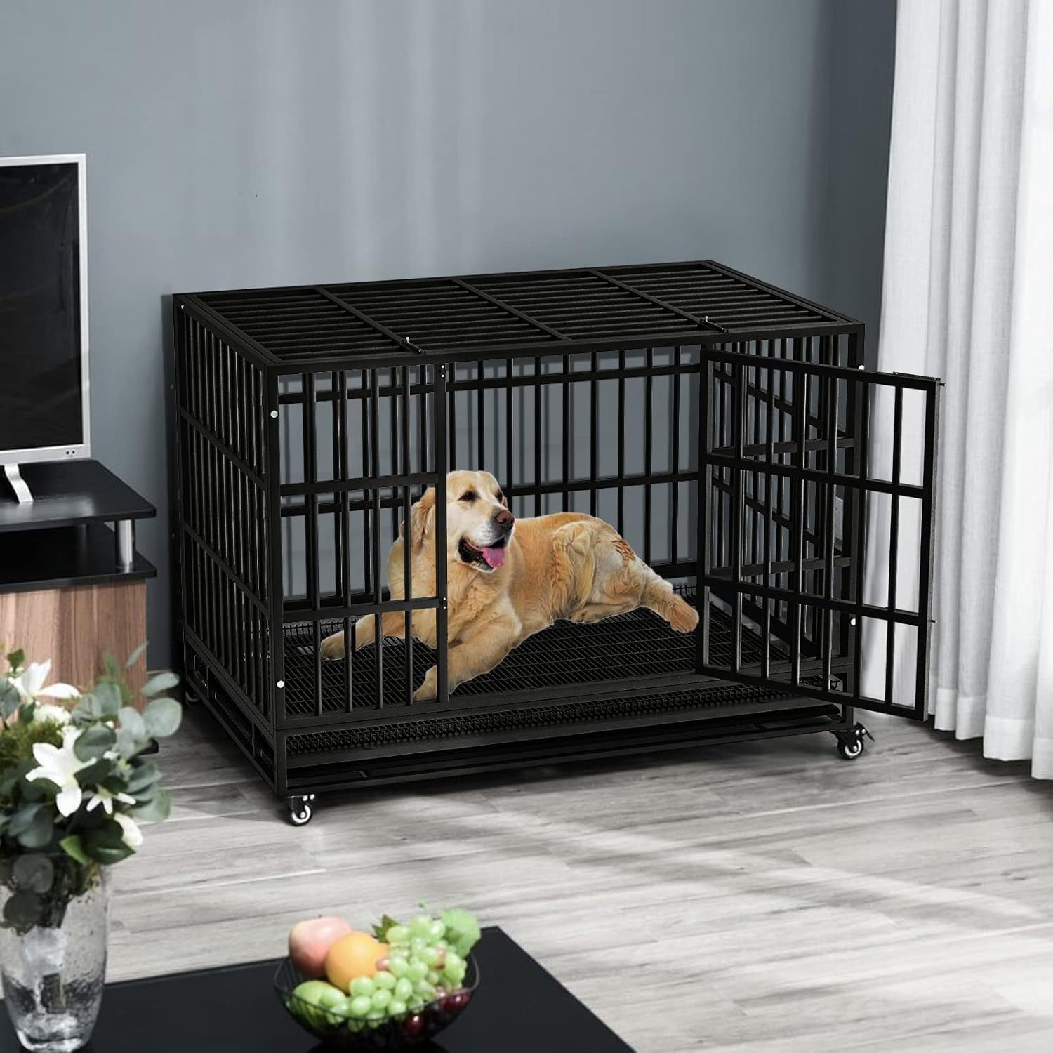 欧美跨境出口大型犬专用带轮子方管狗笼加粗加厚铁狗宠物折叠笼子