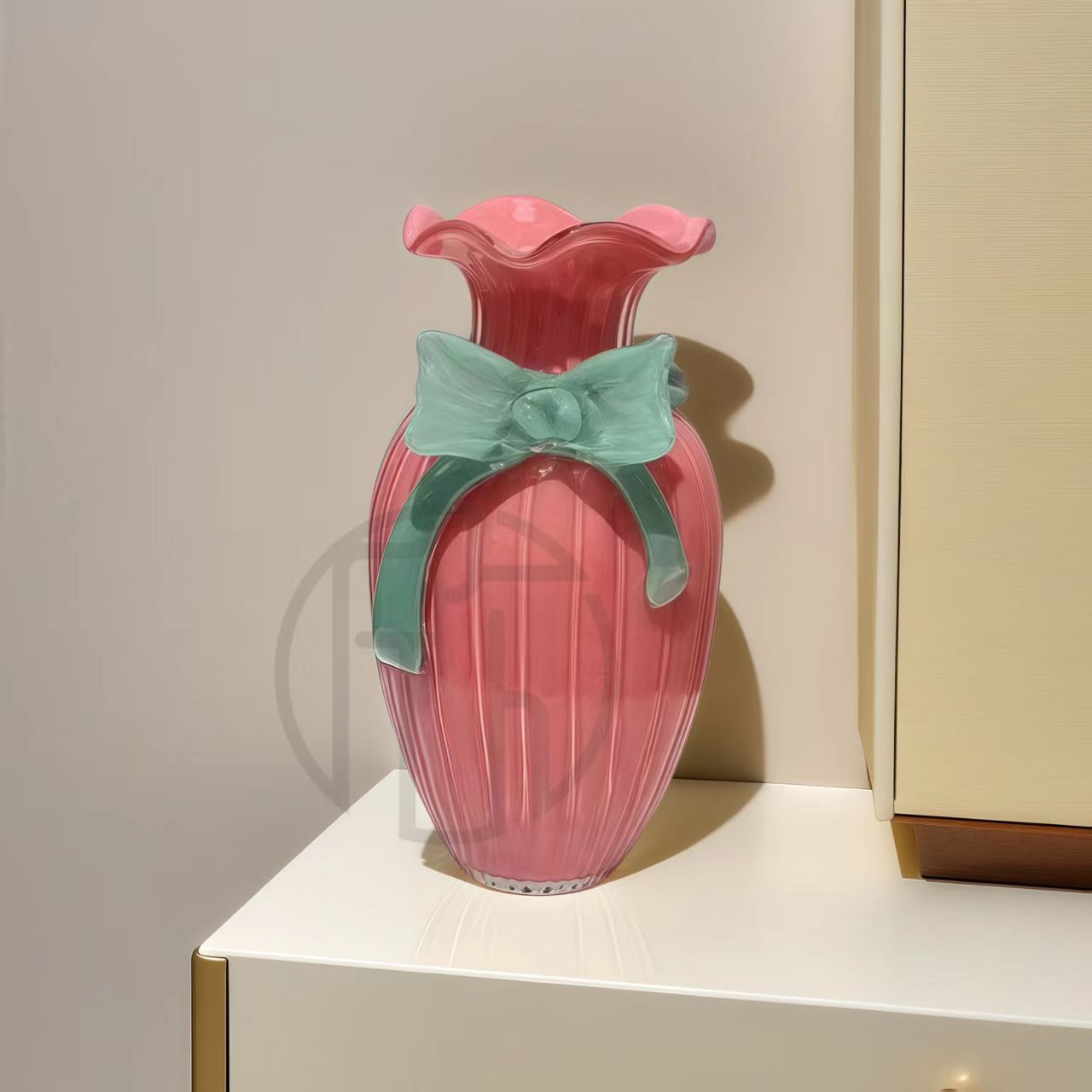 超可爱法式复古粉色蝴蝶结琉璃玻璃花瓶插花器客厅餐桌水培鲜花
