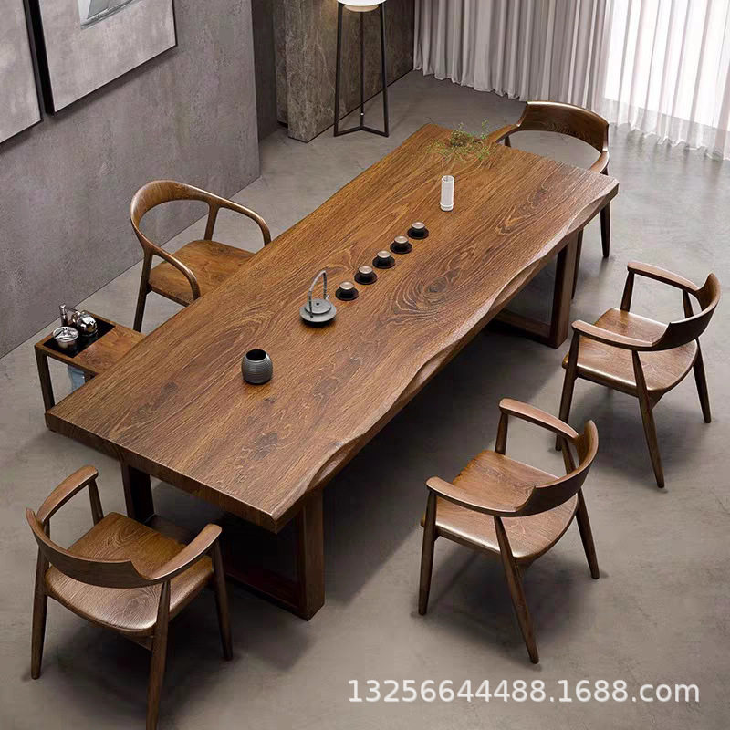 榆木大板桌办公室客厅家用泡茶台新中式餐桌原木茶室家具干泡茶桌