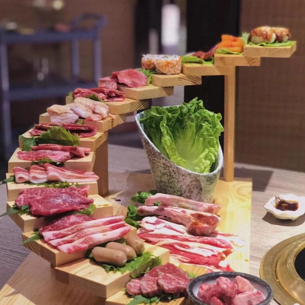 日式阶梯烤肉店餐具步步高升摆肉盘创意木质火锅餐具摆盘寿司盘子